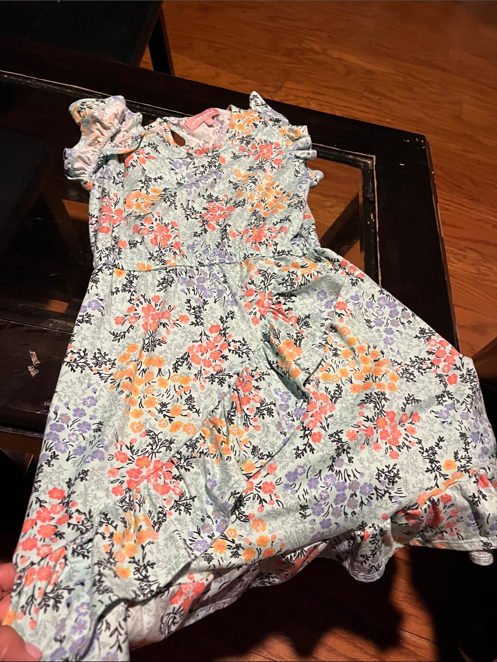 Girls' Floral Ruffle Sleeve Dress in Mint with Coral & Lavender